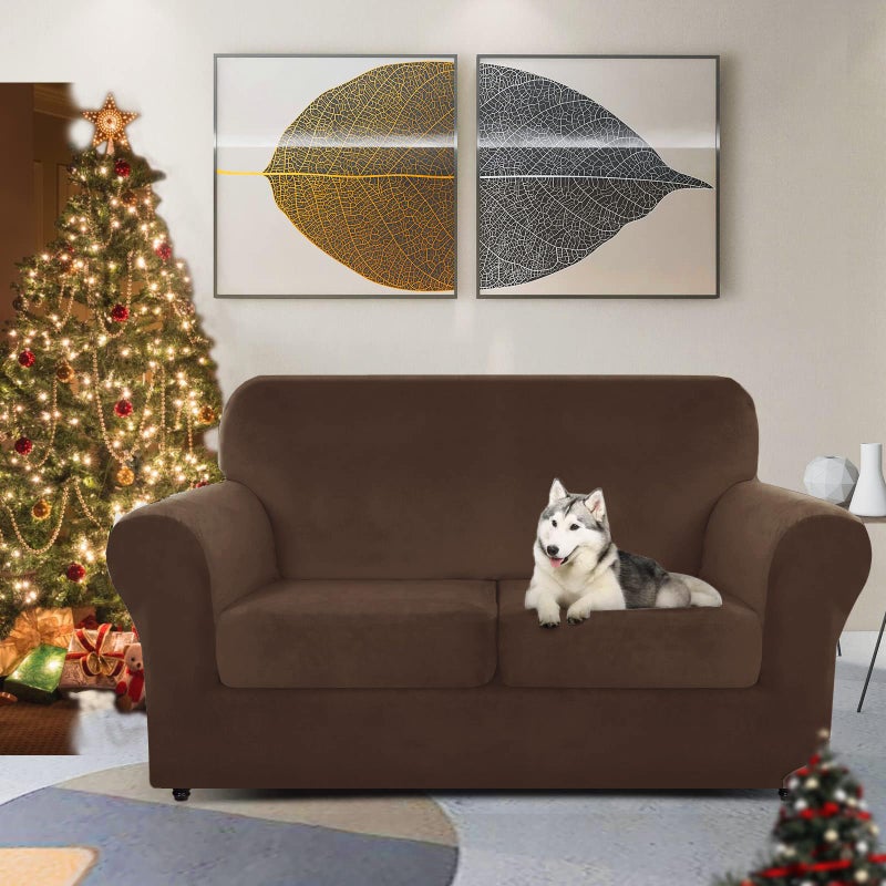 ZNSAYOTX غطاء أريكة فاخرة من المخمل ZNSAYOTX 3 قطع (57"-70") أغطية أريكة ممدودة لكرسيين مع غطاء أريكة سميك وناعم مع حزام غير قابل للانزلاق، صديق للحيوانات الأليفة، واقي أثاث جميل (بني داكن) - Image 2